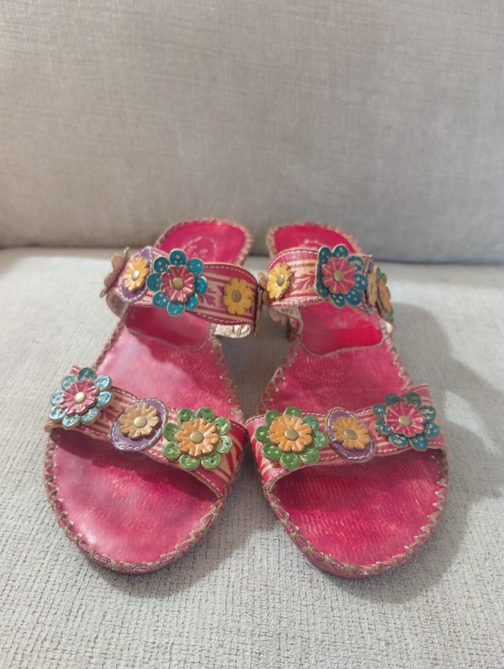 Spring Step Red Floral Leather Slide Kitten Heel Sandals Size 9 - Picture 2 of 12